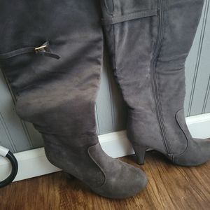 Grey Faux Suede Knee High Boots